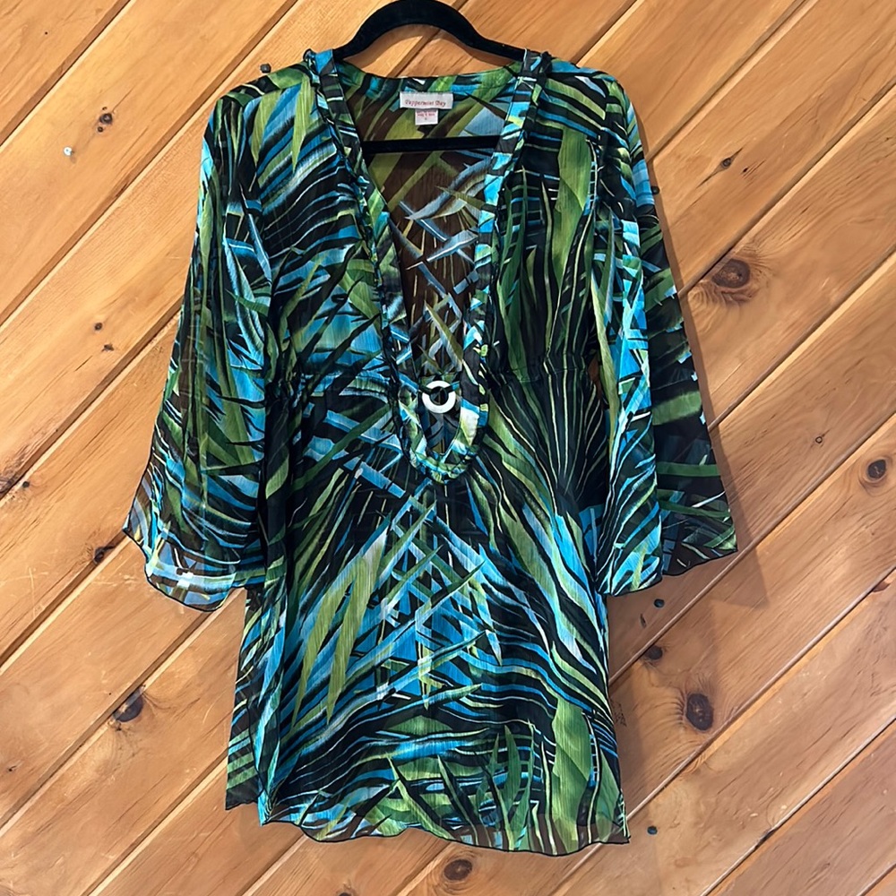 Peppermint bay tropical palm leaves sheer swim coverup